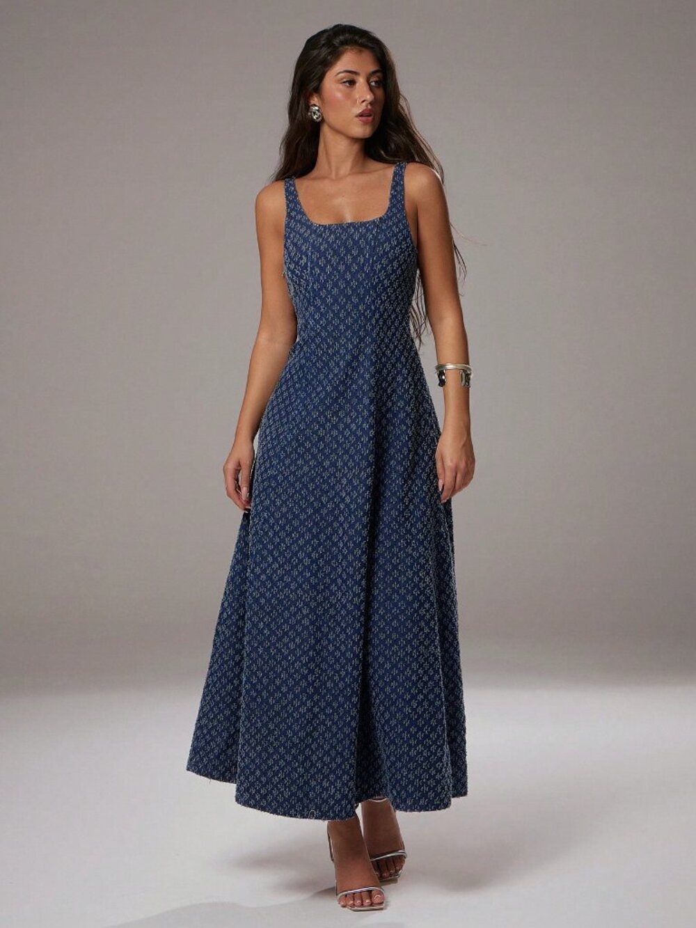 Medium Wash Casual Women's Elegant Jacquard Denim maxi Dres